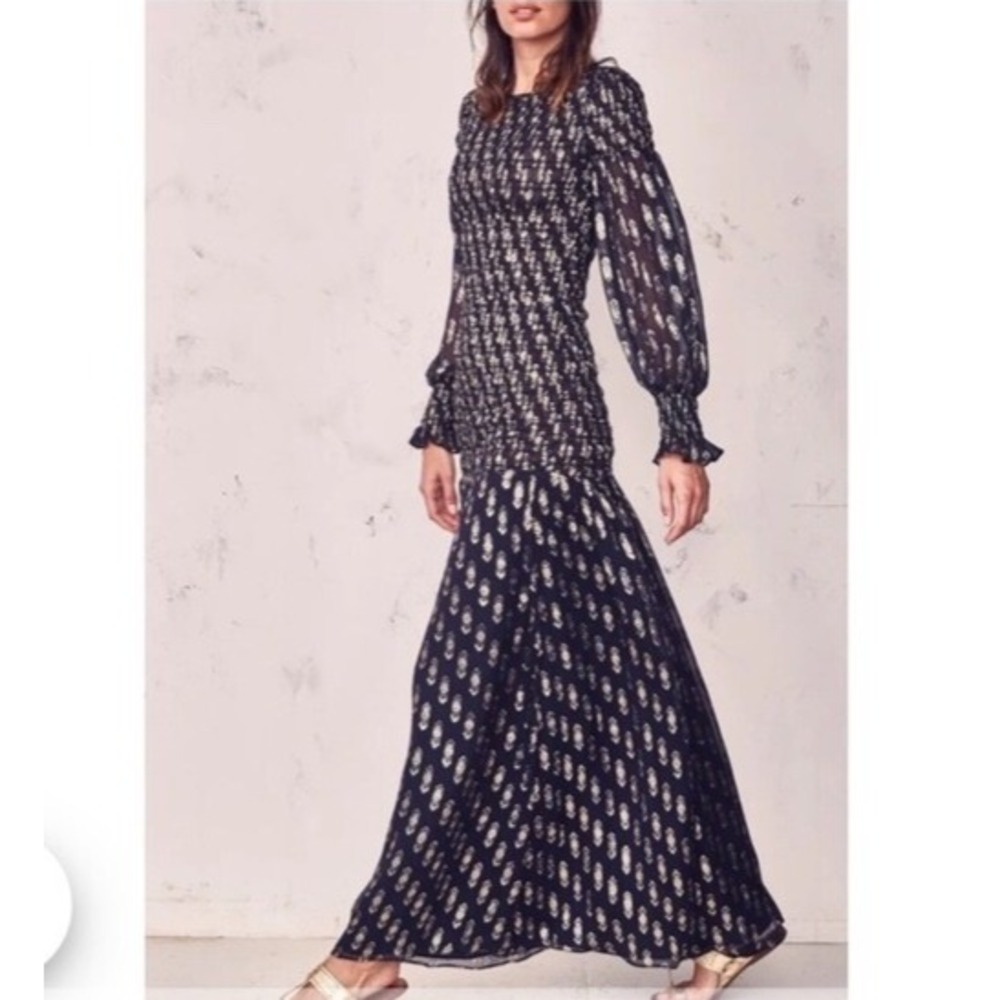 Love Shack Fancy Scarlett‎ Lurex Maxi Long Slve Dress-Navy/Gold-Size XS-RRP $495